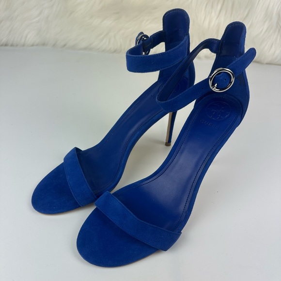 GUESS Women’s 9M Suede Blue Ankle Strap Kitten Heels Slingbacks Open Toe - Picture 6 of 8